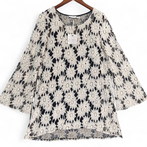 Blu Pepper Tunic Dress Sz M Lace Floral Sheer Bell Sleeve Boho Attached Slip - Picture 1 of 9